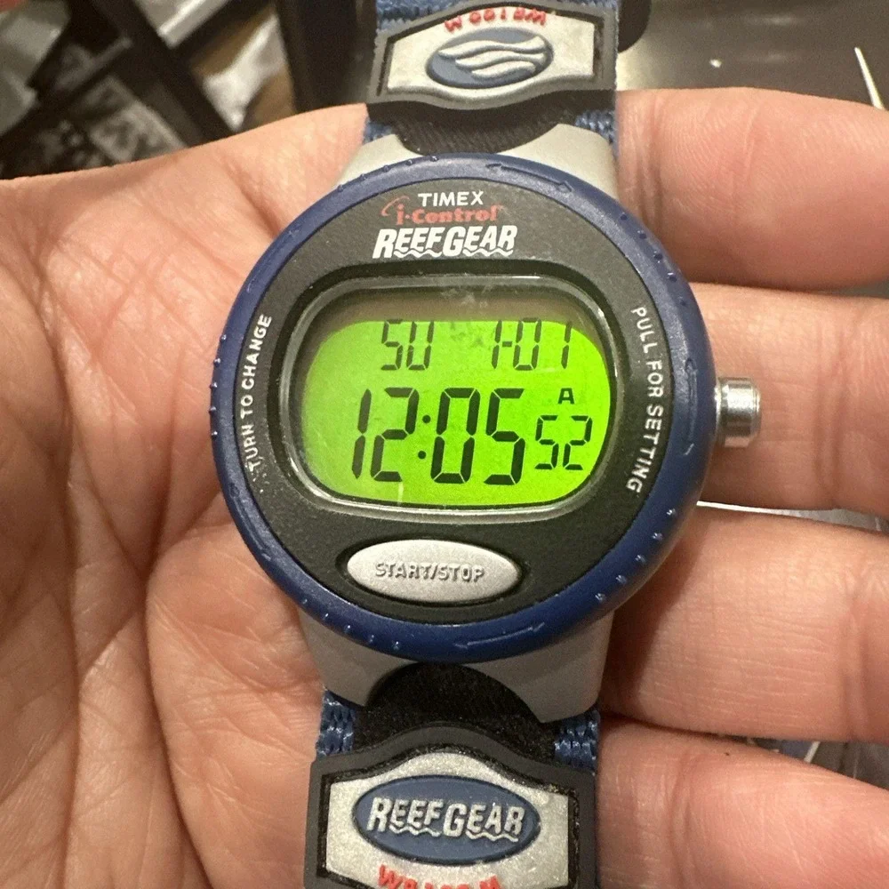 Works Timex Reefgear Men Digital‎ Watch Blue Plastic Nylon Chron Alarm Date 100m